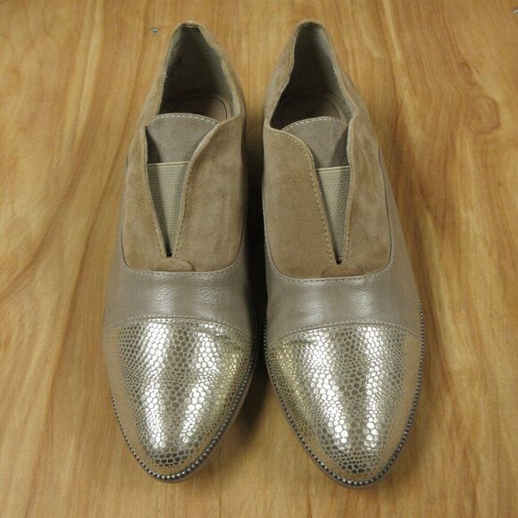 TAMARIS Metallic Cap Toe Flat Shoes EU 37/6.5 US Tan Taupe Leather Suede Loafers - Picture 1 of 15